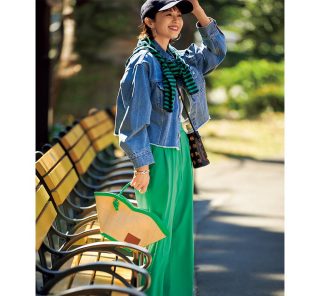 家族でお出かけ！【デニムジャケット×グリーンパンツ】の元気いっぱいコーデで出発