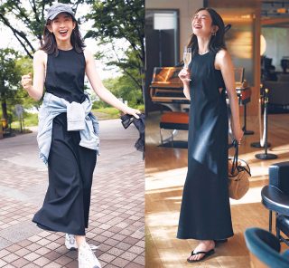 【シンプル黒ワンピ着回し】小物と羽織りで夏から秋まで、カジュアルから夜飲みまで！