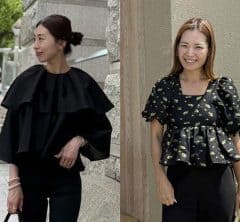 40代の「フリルトップス」はどう着こなすのが正解？黒ベースなら甘め盛りも上品に【読者スナップ】
