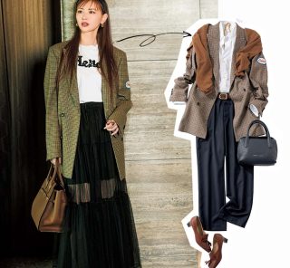 【40代の着回し講座】チェック柄ジャケットは肩掛けカーデで印象チェンジ！