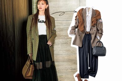 【40代の着回し講座】チェック柄ジャケットは肩掛けカーデで印象チェンジ！