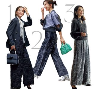 40代の【着映えるパンツコーデ】年末ランチには“華やぎ素材”がちょうどいい！