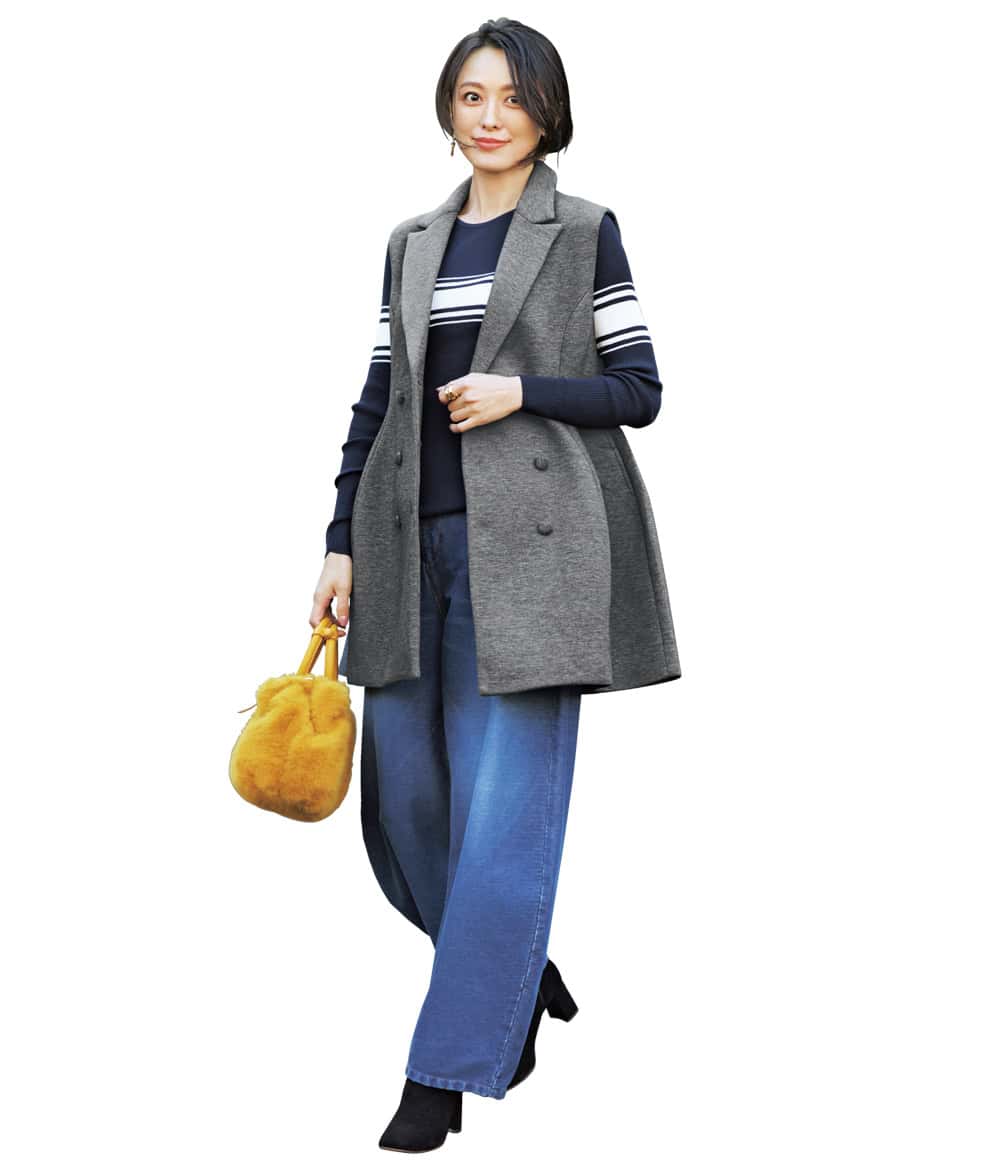 徳澤直子 ペプラムロングジレ デニム ボーダーニット コーデ