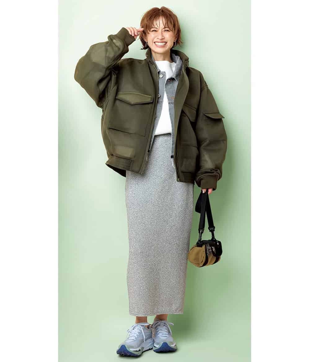 畑野ひろ子 シアーブルゾン デニムジャケット ニットタイトスカート コーデ