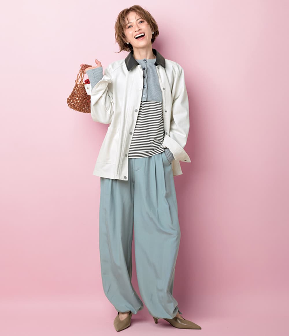 畑野ひろ子 レザーカラージャケット カーディガン カットソー パンツ コーデ