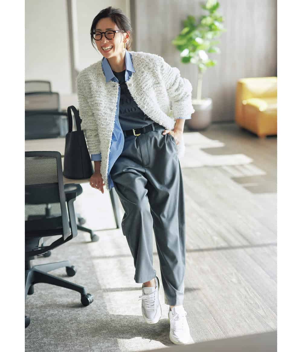 野沢和香 ツイードジャケット シャツ パンツ コーデ