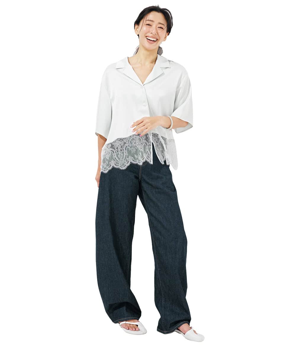 野沢和香 白開襟シャツ リーバイス®のデニムパンツ コーデ