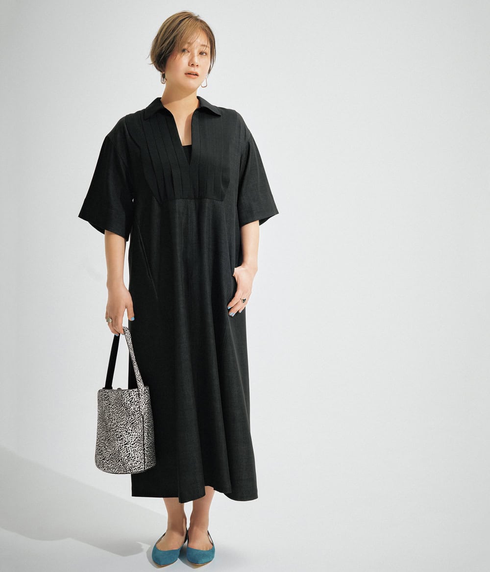 田中美保 黒ワンピース コーデ