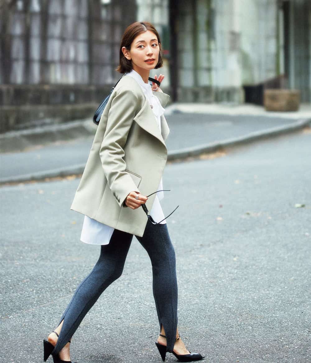 松本莉緒 ジャケット ボウタイシャツ トレンカ コーデ
